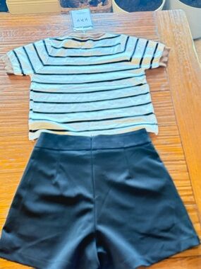 Striped Short Sleeve Top and Black High-Waist Shorts Set